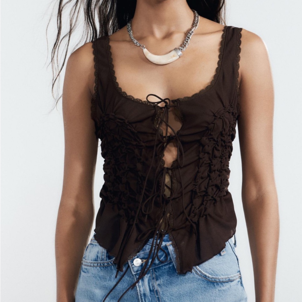 New Zara Tied Ruched Top Chocolate - Picture 4 of 6